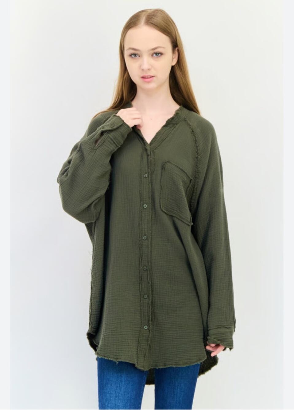 Aerie Womens Oversized Button Up Gauzy Shirt Size XS Hunter Green Fall Layers